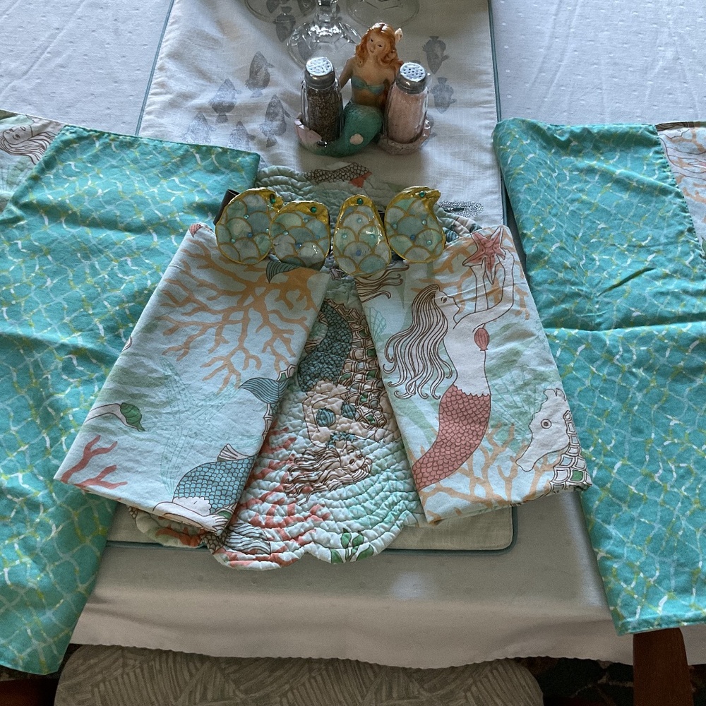 Mermaid Themed Oyster Shell Napkin Rings, With Napkins & Salt/Pepper Set